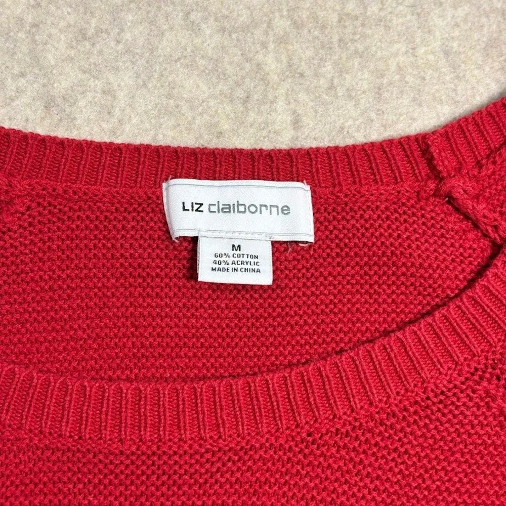 Liz Claiborne Sweater Womens M Red Cotton Blend Button Sleeve Knit Pullover Chic